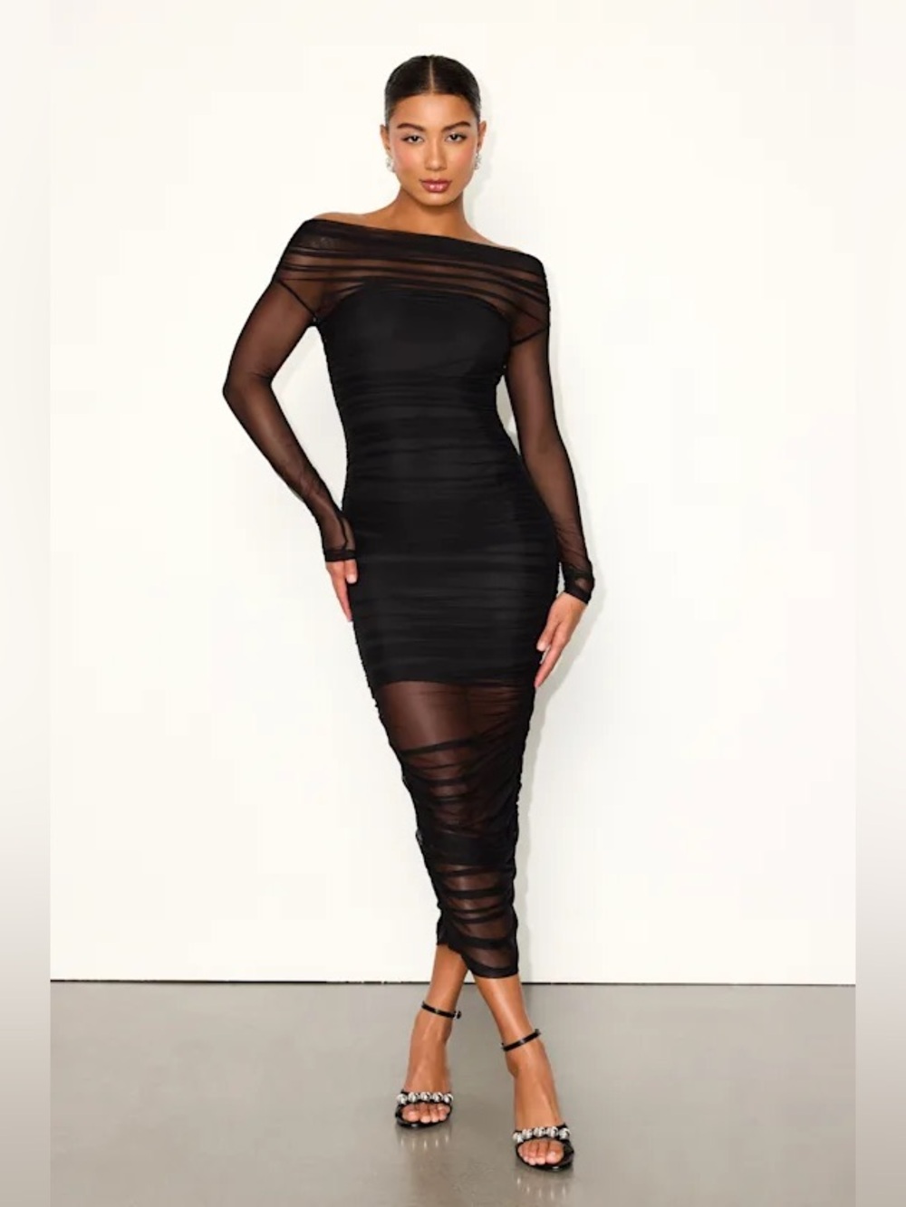 Lulus Sunama Black Mesh Ruched Long Sleeve Bodycon Midi Dress